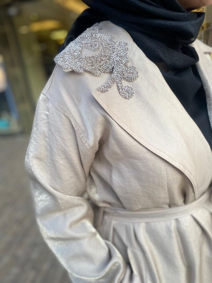 Parlak tensel kumaş kap bej renk