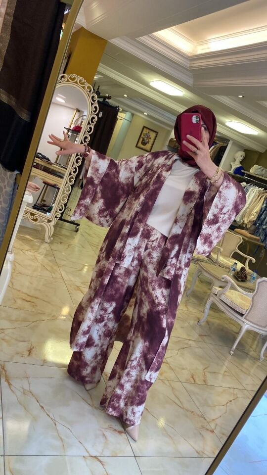 Şal desen beli lastikli bol paça pantolon