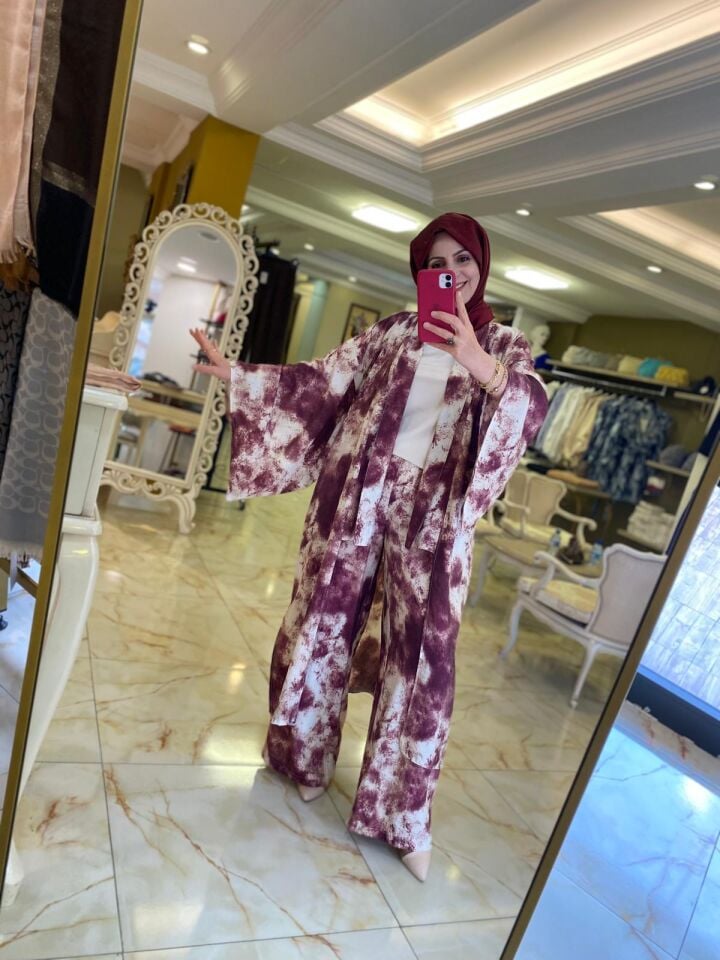 Şal desen beli lastikli bol paça pantolon