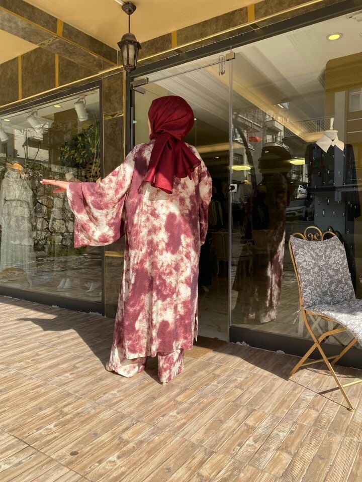 Şal desen beli lastikli bol paça pantolon