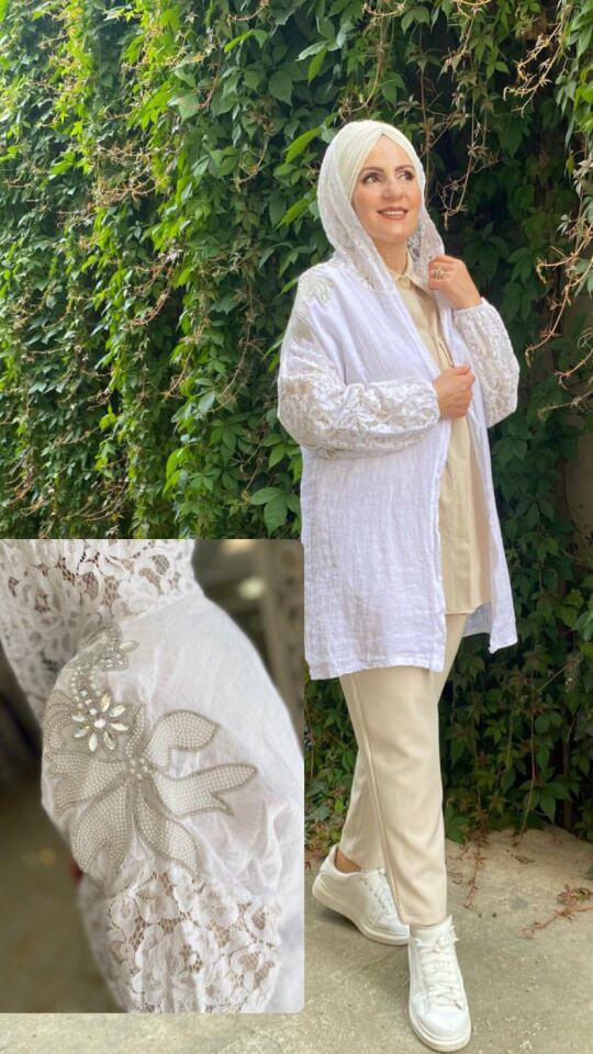 DANTEL DETAYLI KETEN KAP